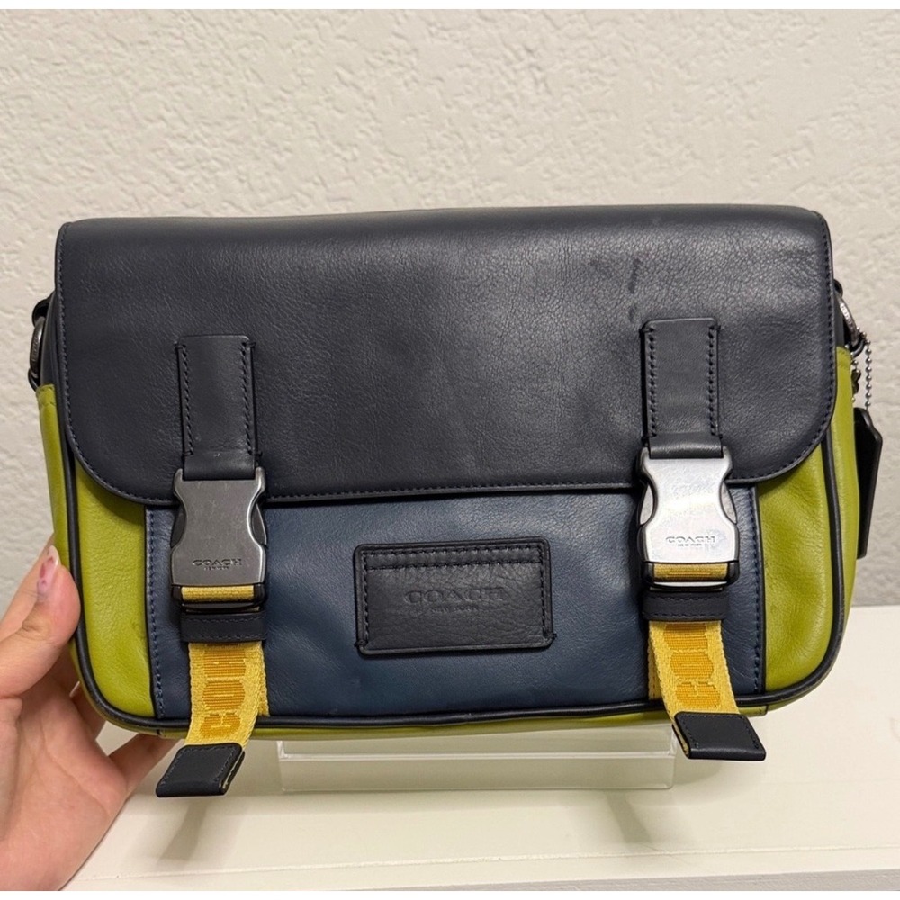 Coach Track Crossbody Bag in Colorblock Lime Navy Blue Calf Leather Buckle C8131